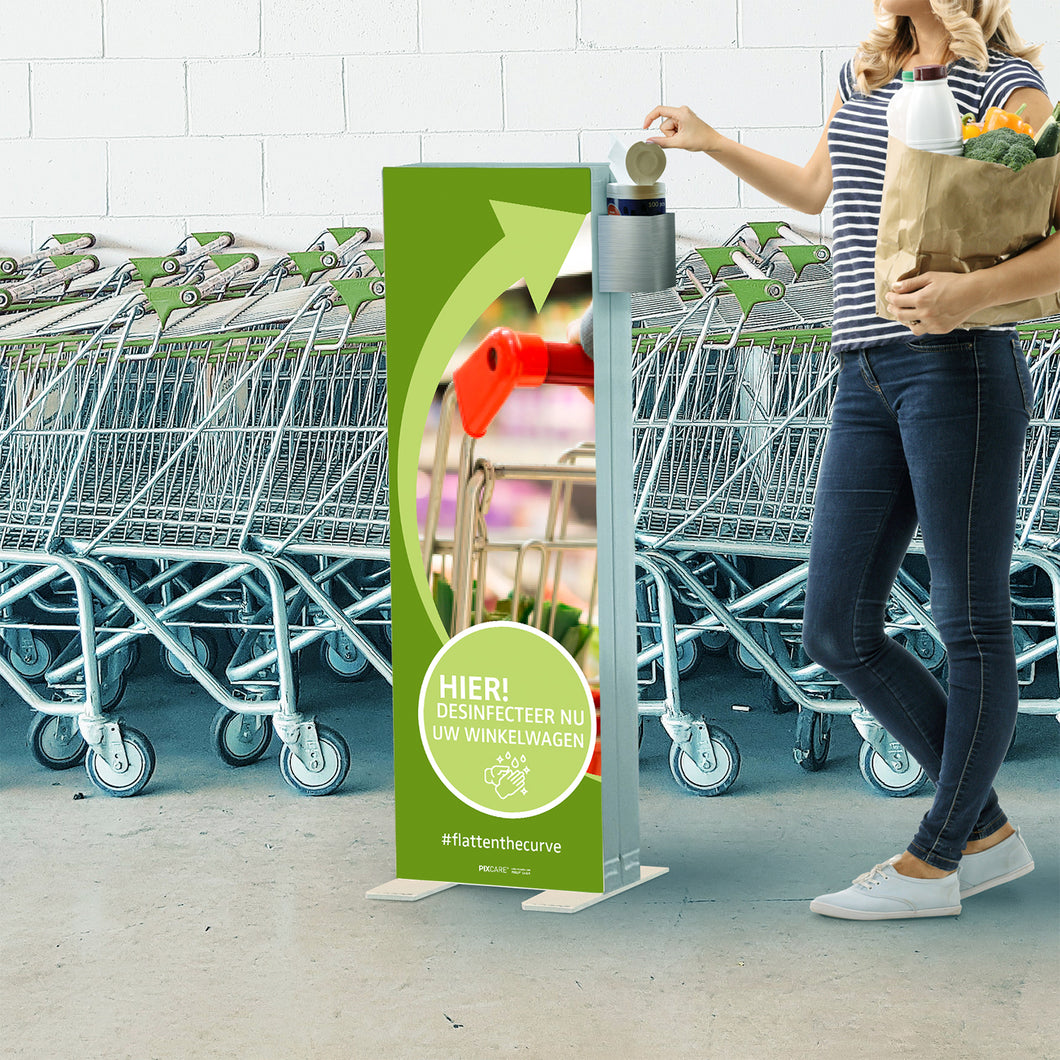 Informatie kolom met dispenser voor desinfectie doekjes