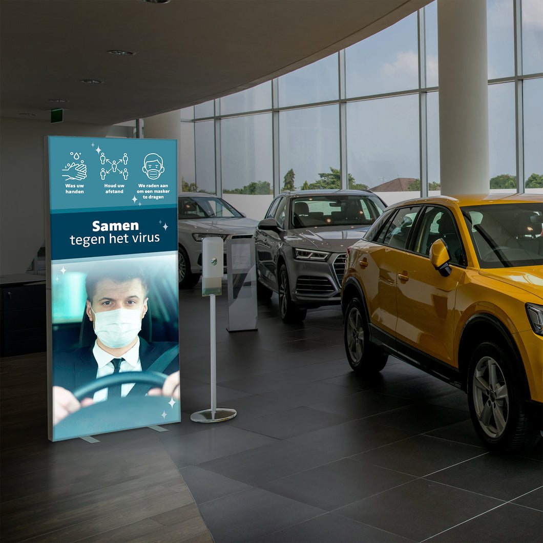 Ontsmettingsdispenser met sensor, standaard en INFO LIGHTBOX